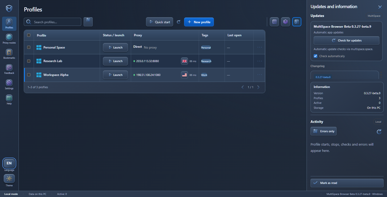MultiSpace Browser workspace in English with three illustrative profiles, compact proxy flags, resizable columns and the updates panel
